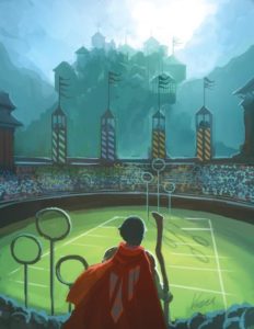 Illustration of a Hogwarts student in a red robe, holding a broomstick and looking at the Quidditch field.