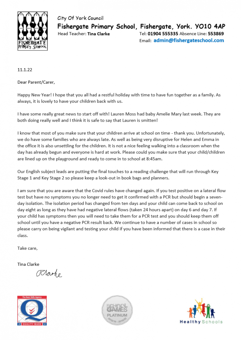 Letter to Parents & Carers 11/1/22 Fishergate Primary School