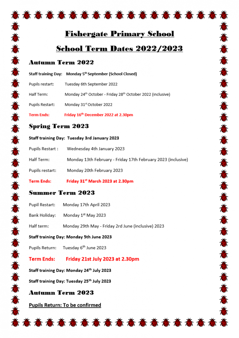 Planned Term Dates for 20222023 Fishergate Primary School